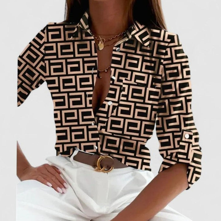 Women's Geometric Print Long Sleeve Blouse Lapel Button-Down Shirt - Khaki