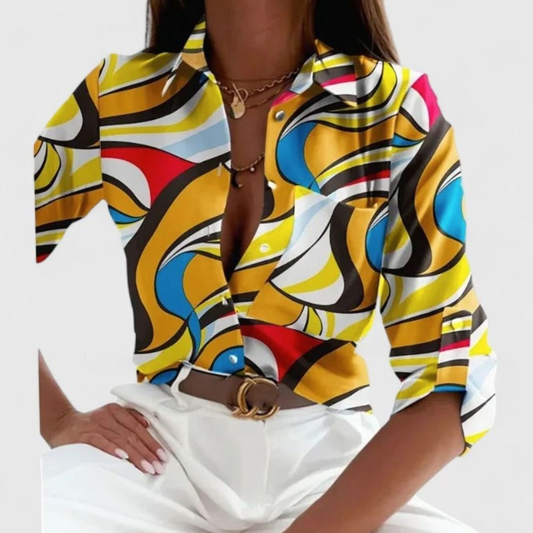 Women's Geometric Print Long Sleeve Blouse Lapel Button-Down Shirt - Multi
