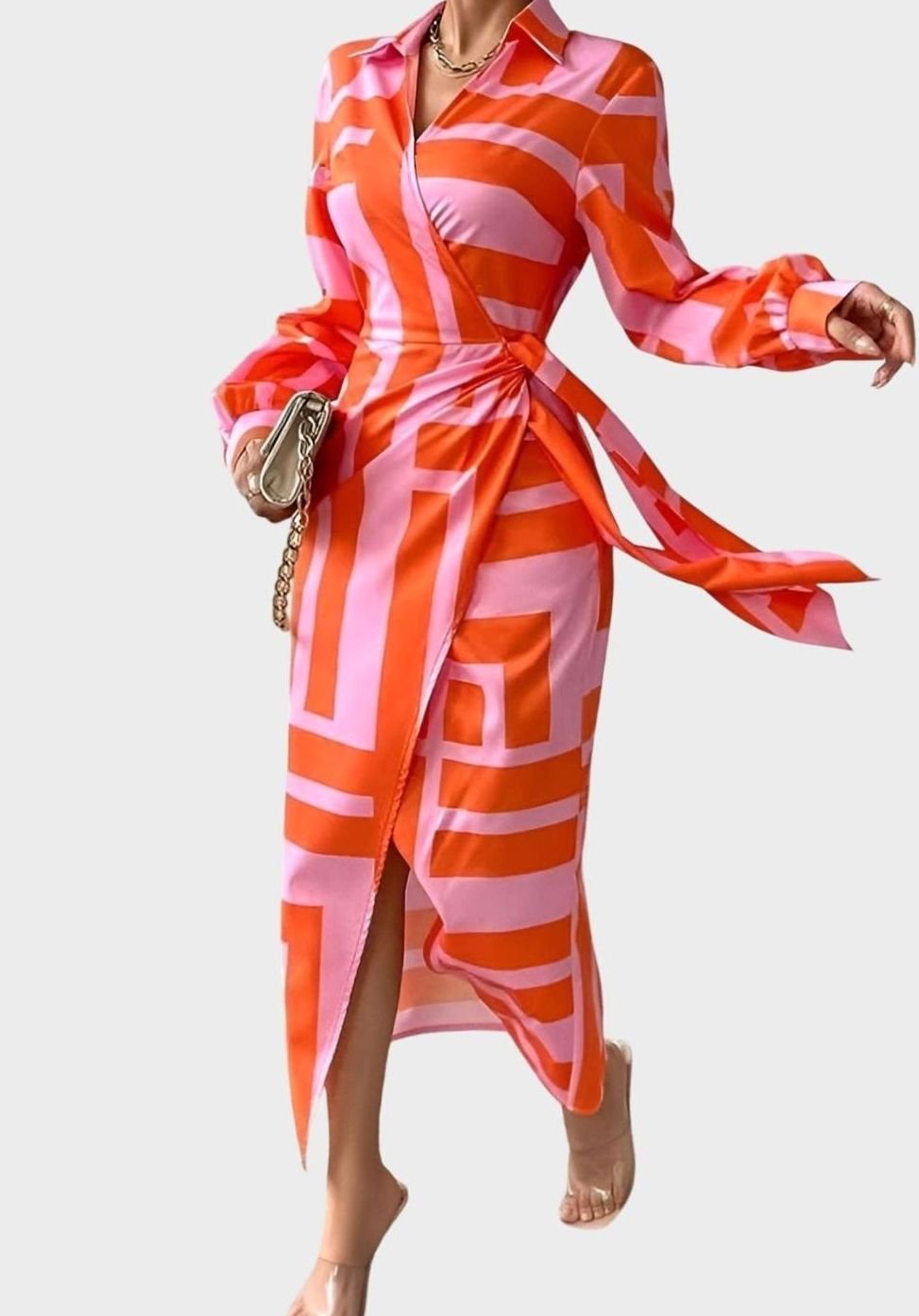 Women's Geometric Print Long-Sleeve Collared Wrap Dress
