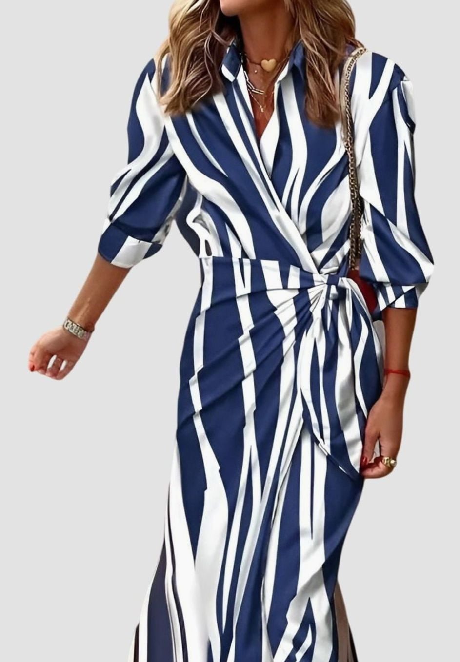 Women's Geometric Print Long-Sleeve Collared Wrap Dress