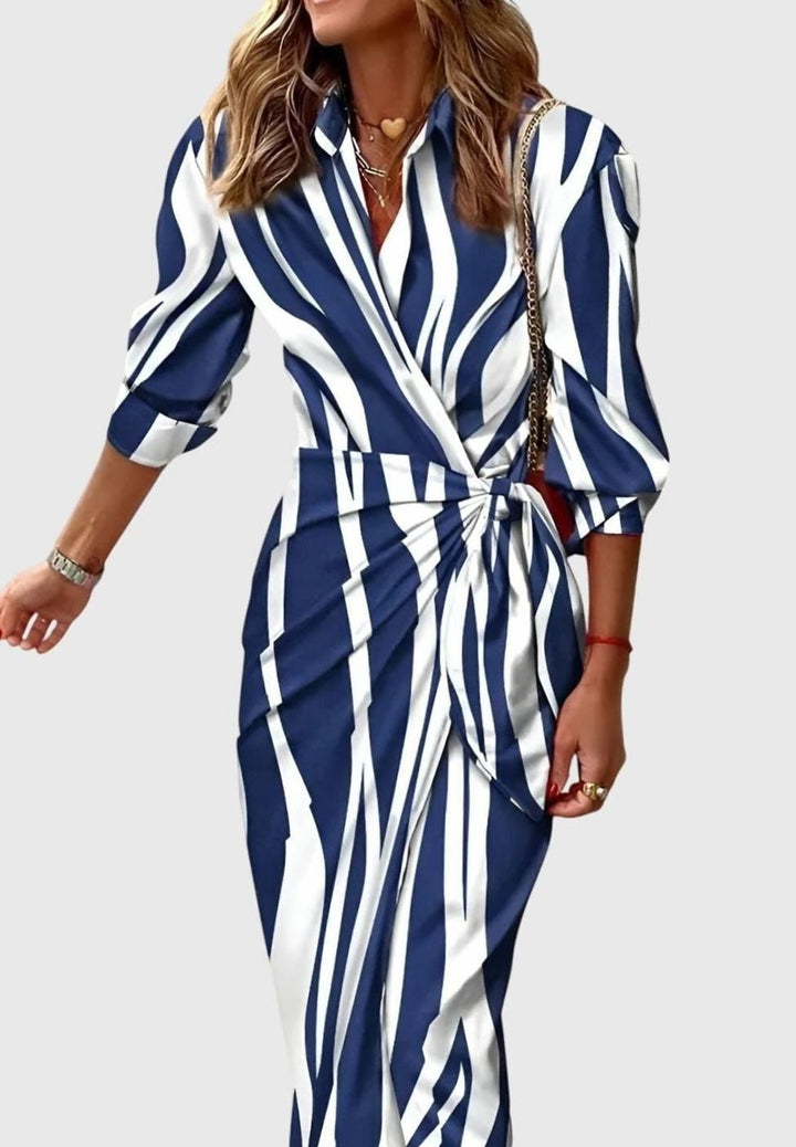 Women's Geometric Print Long-Sleeve Collared Wrap Dress - Blue