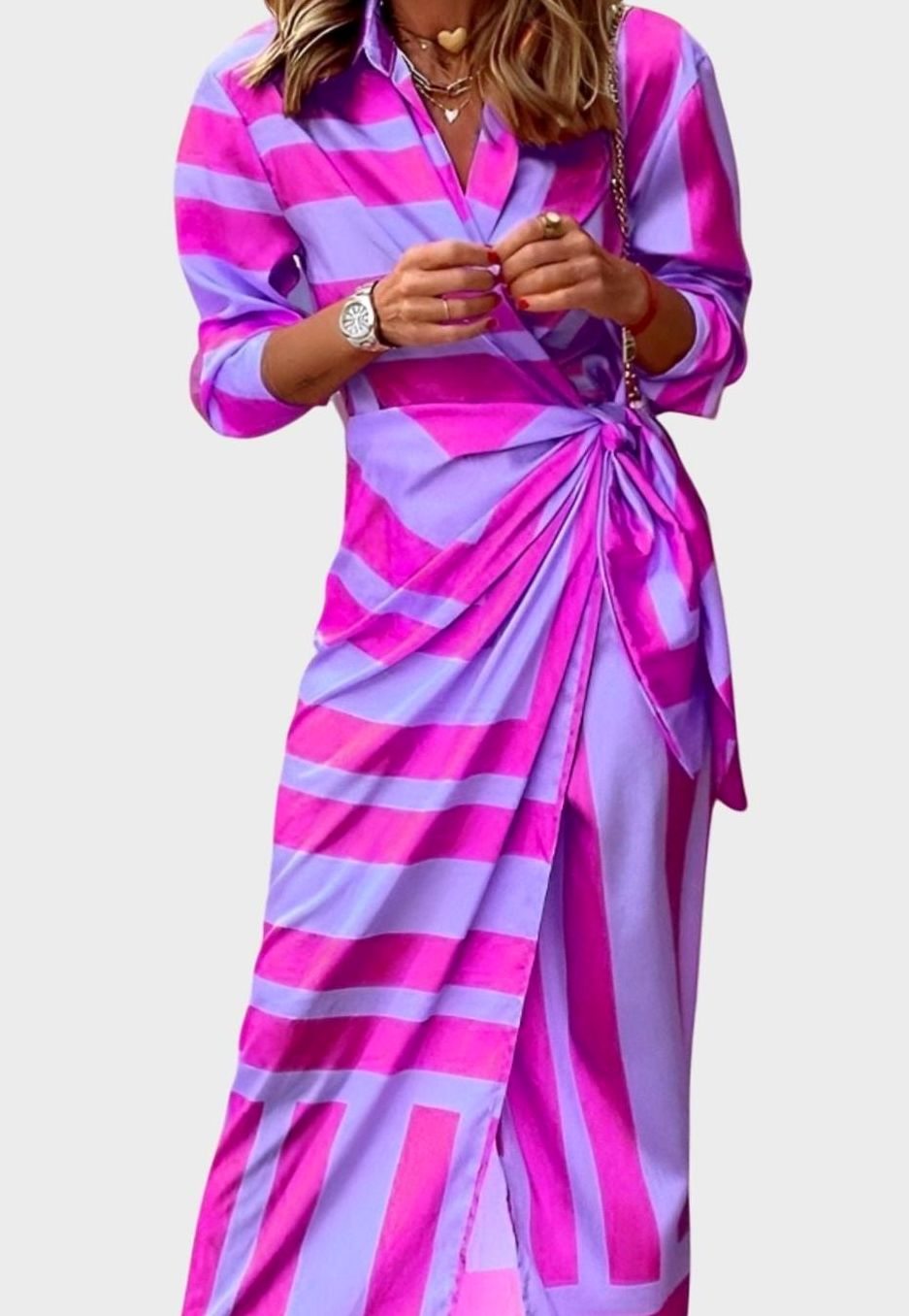 Women's Geometric Print Long-Sleeve Collared Wrap Dress - Purple