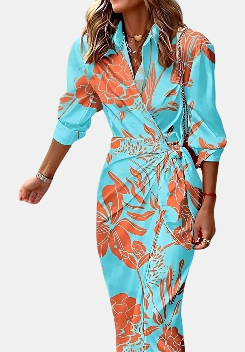 Women's Geometric Print Long-Sleeve Collared Wrap Dress - Turquoise