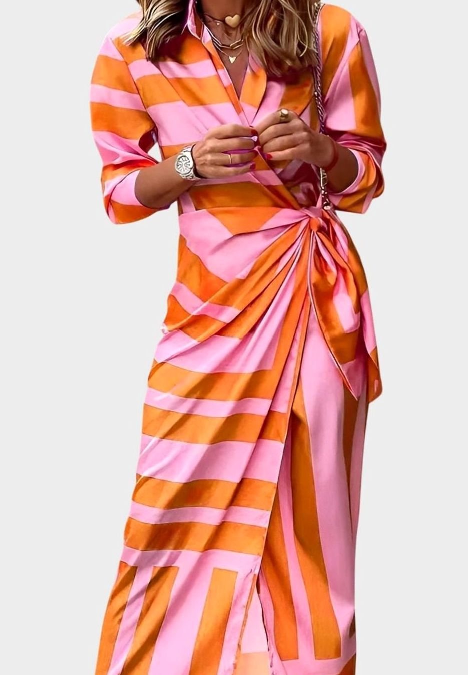 Women's Geometric Print Long-Sleeve Collared Wrap Dress