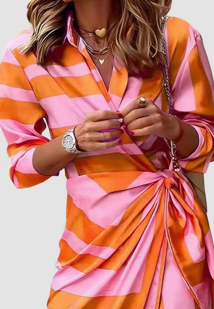 Women's Geometric Print Long-Sleeve Collared Wrap Dress