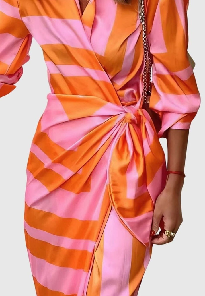 Women's Geometric Print Long-Sleeve Collared Wrap Dress
