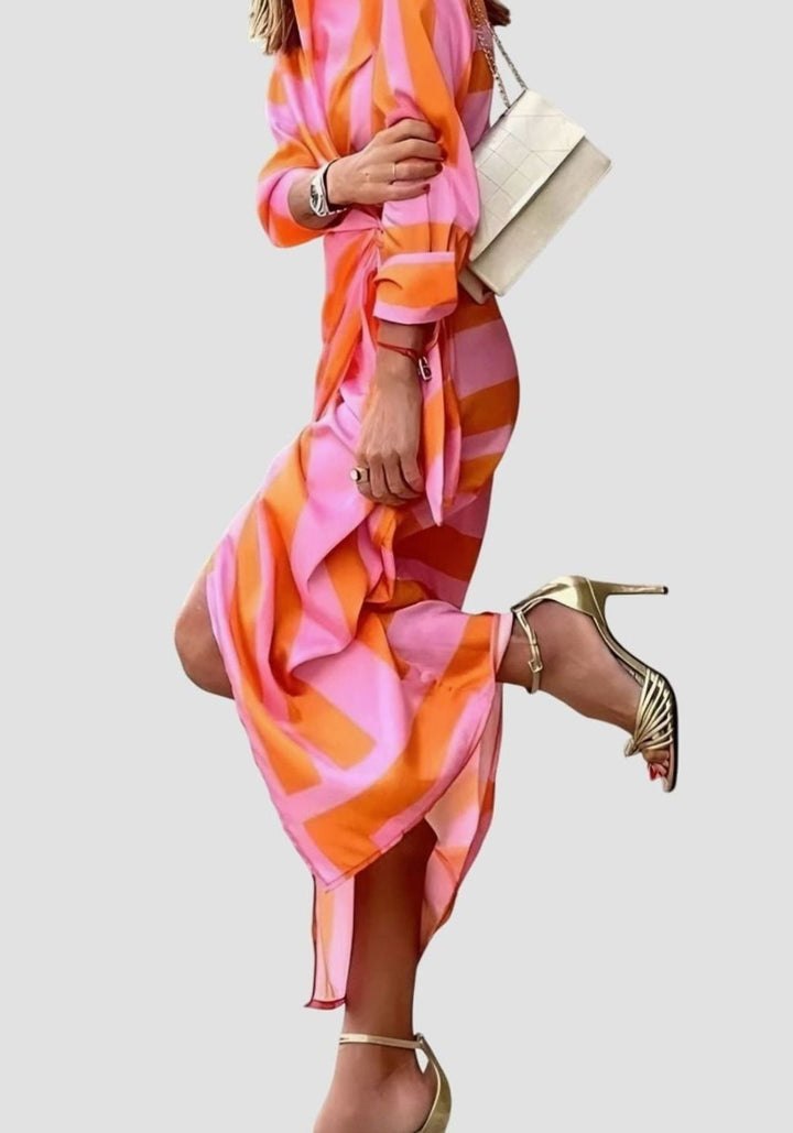 Women's Geometric Print Long-Sleeve Collared Wrap Dress