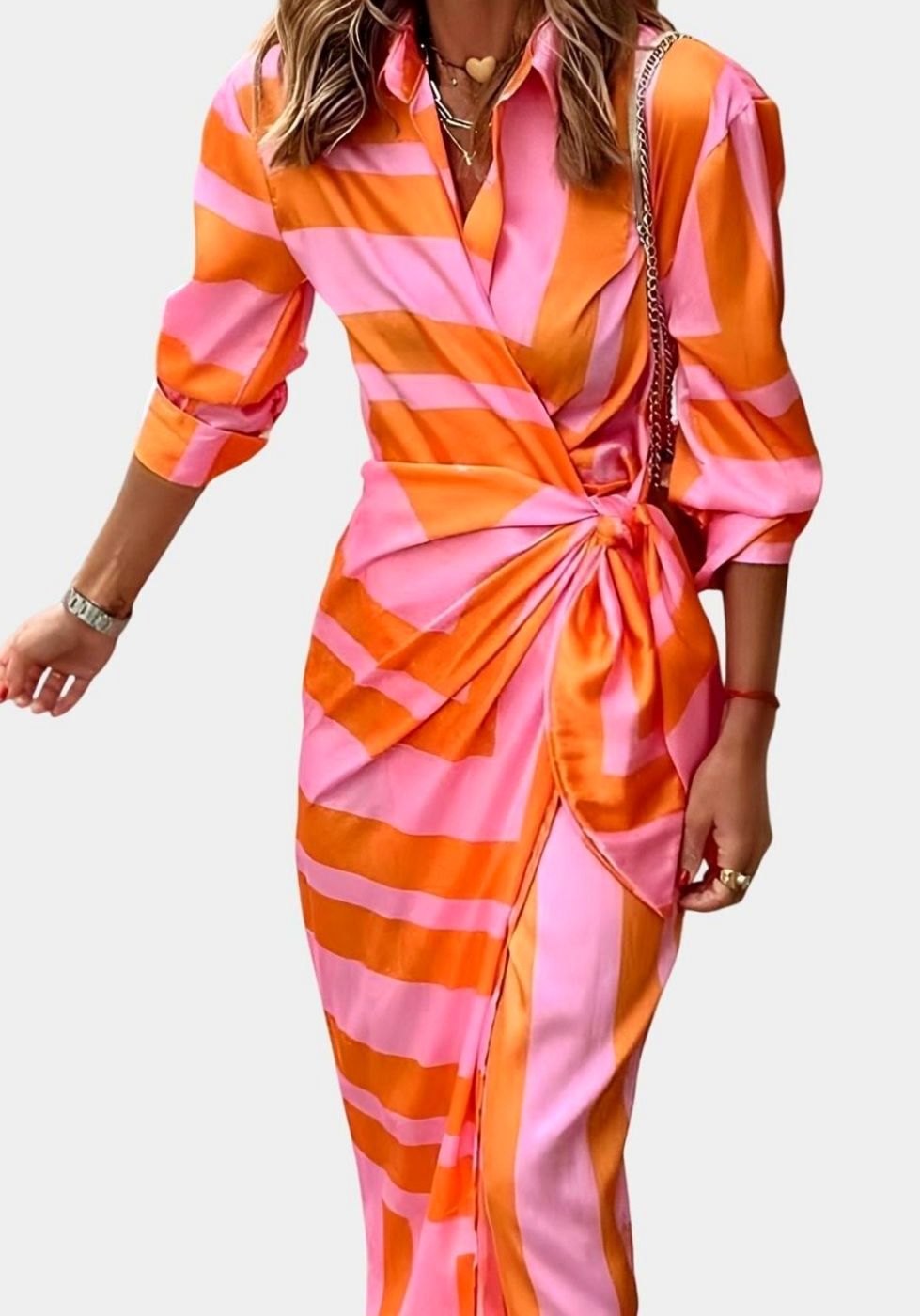Women's Geometric Print Long-Sleeve Collared Wrap Dress - Orange