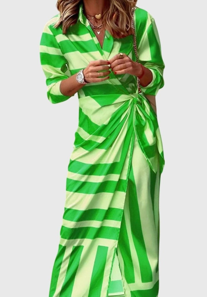 Women's Geometric Print Long-Sleeve Collared Wrap Dress - Green