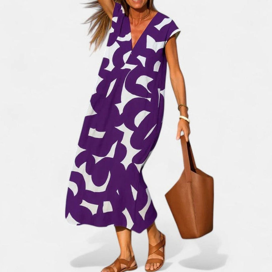 Women's Geometric Print V-Neck Midi Dress Cap Sleeve A-Line - Purple