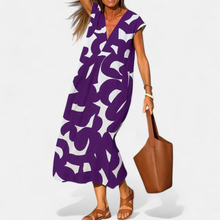 Women's Geometric Print V-Neck Midi Dress Cap Sleeve A-Line - Purple