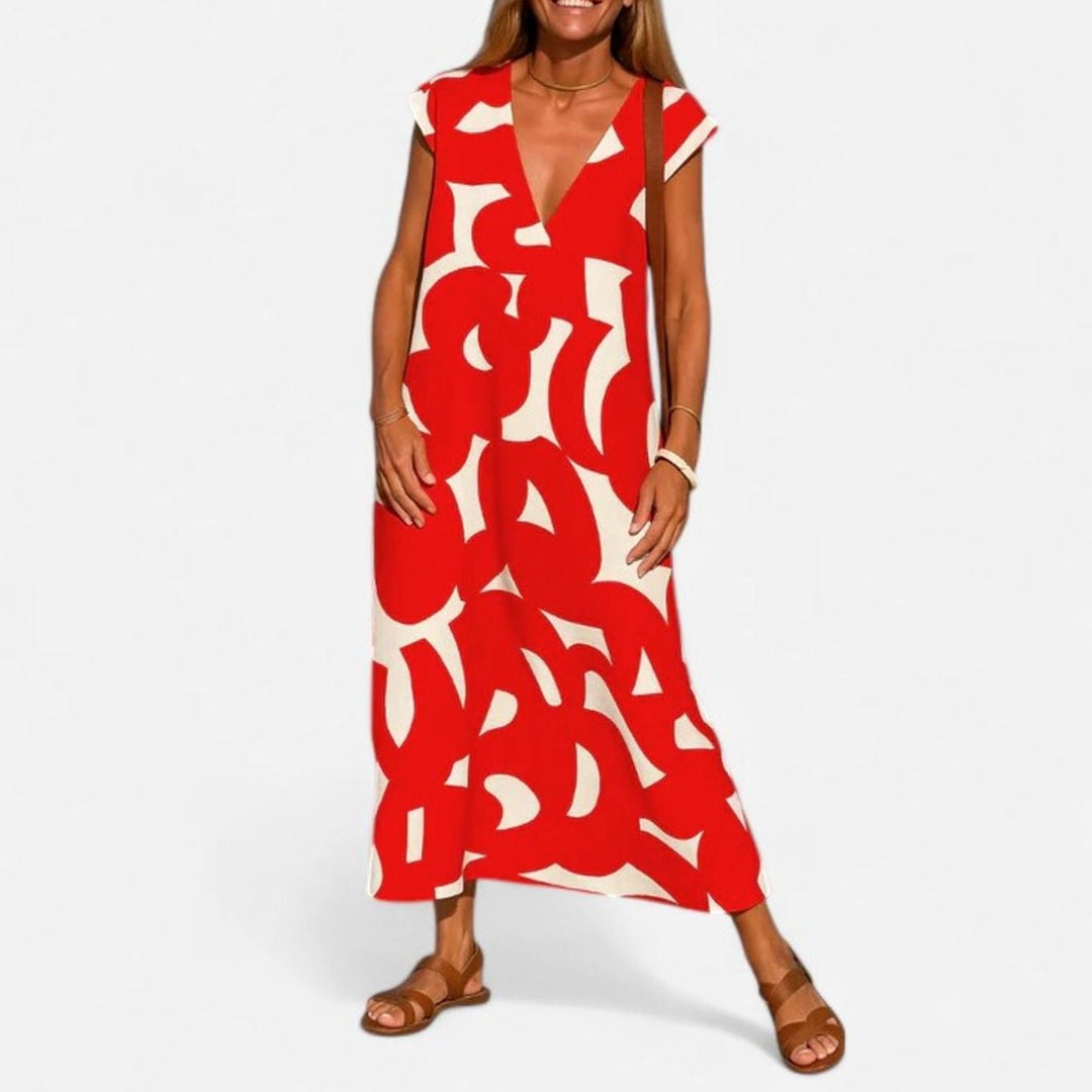 Women's Geometric Print V-Neck Midi Dress Cap Sleeve A-Line - Red