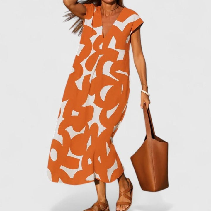 Women's Geometric Print V-Neck Midi Dress Cap Sleeve A-Line - Orange