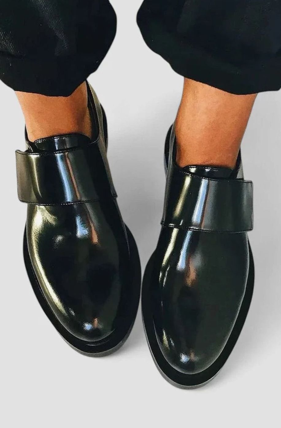 Women's Glossy Patent Strap Slip-On Loafers - Black
