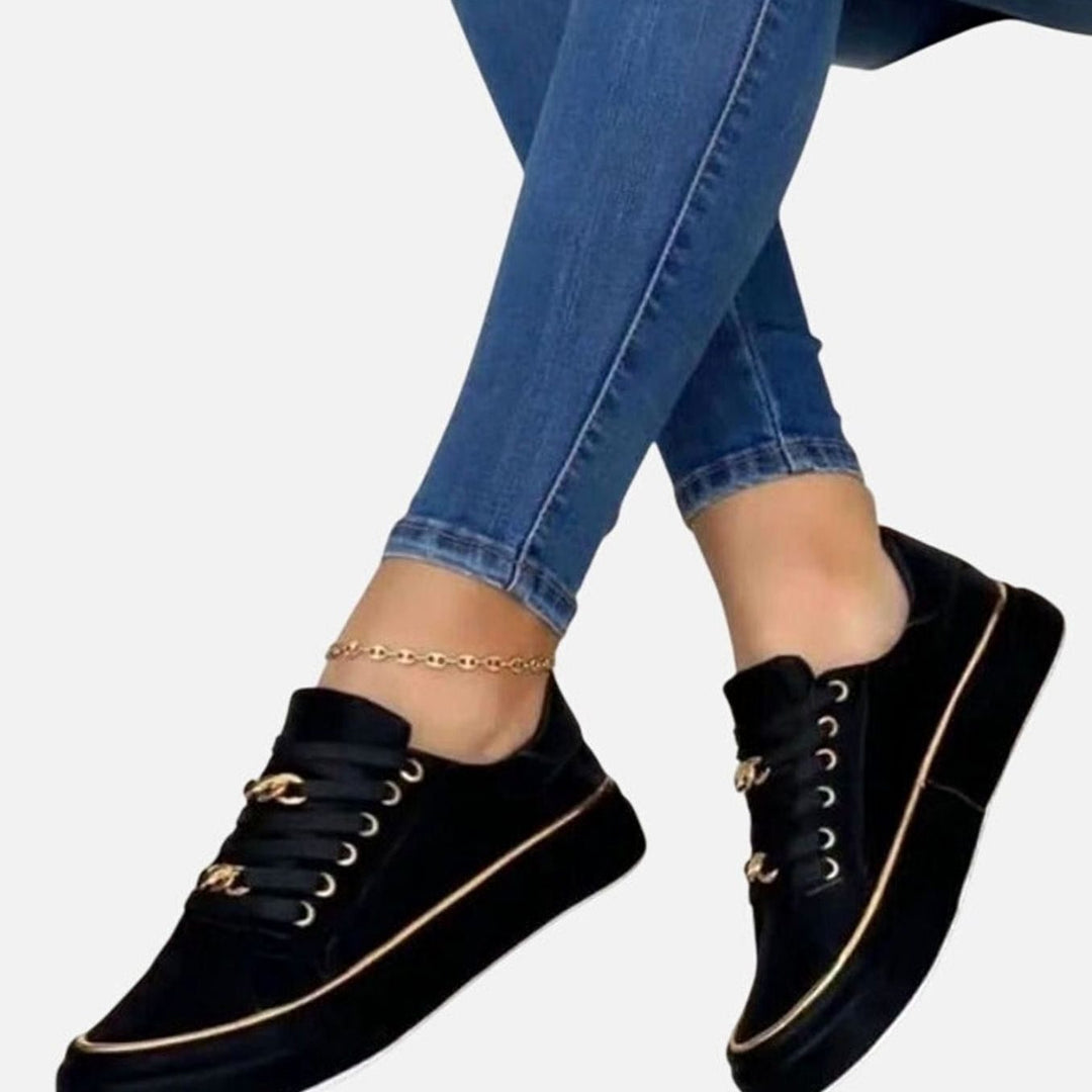 Women's Gold-Trim Chain-Detail Lace-Up Platform Sneakers - Black
