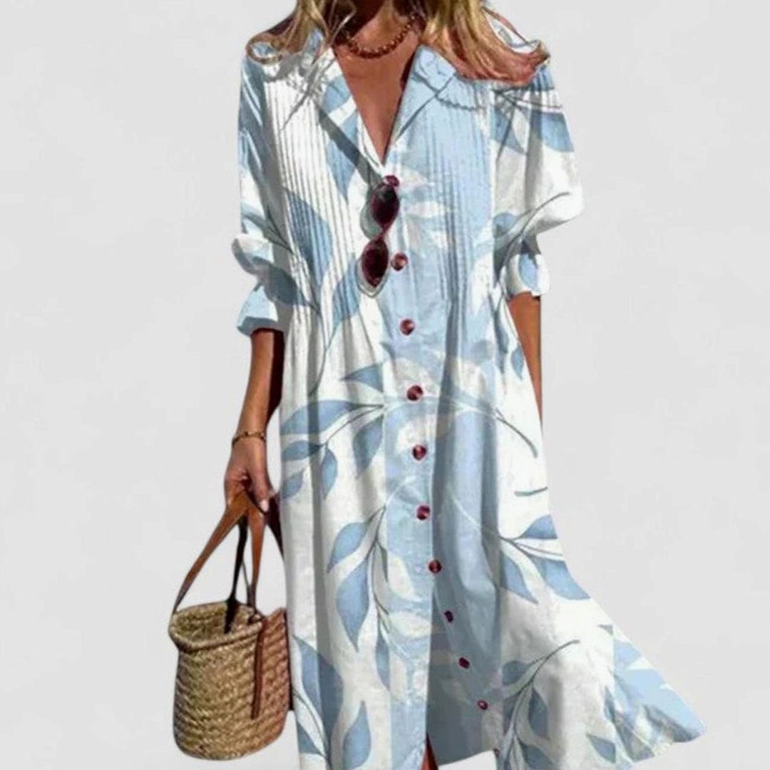 Women's Half-Sleeve Button-Front Boho Leaf-Print Maxi Dress - Sky Blue