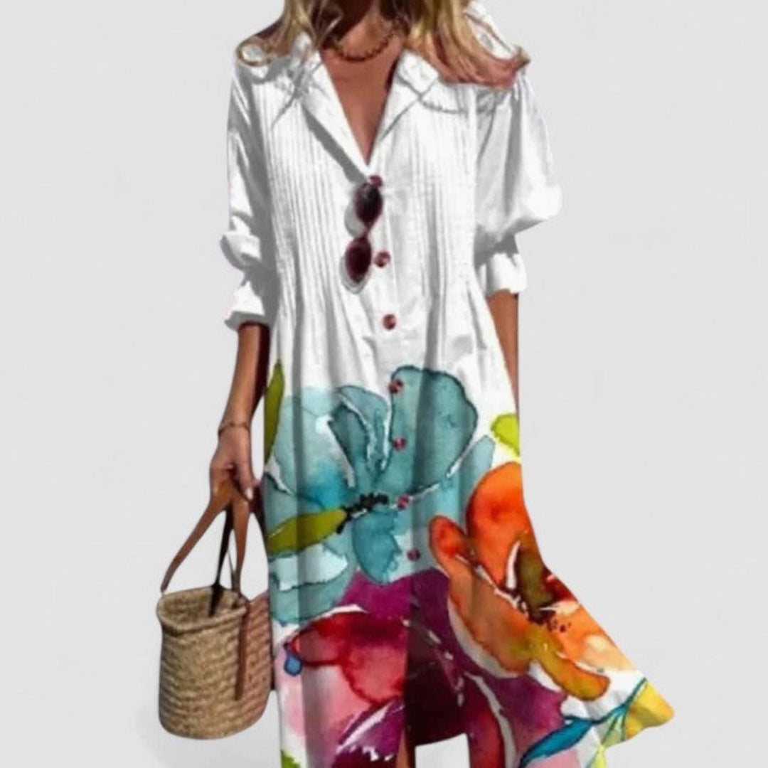 Women's Half-Sleeve Button-Front Boho Leaf-Print Maxi Dress - White