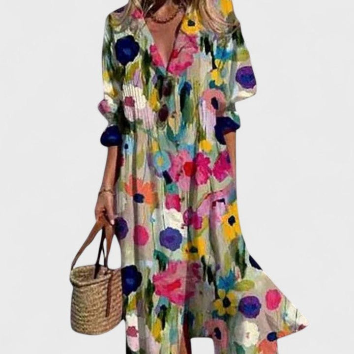 Women's Half-Sleeve Button-Front Boho Leaf-Print Maxi Dress - Multicolor 1