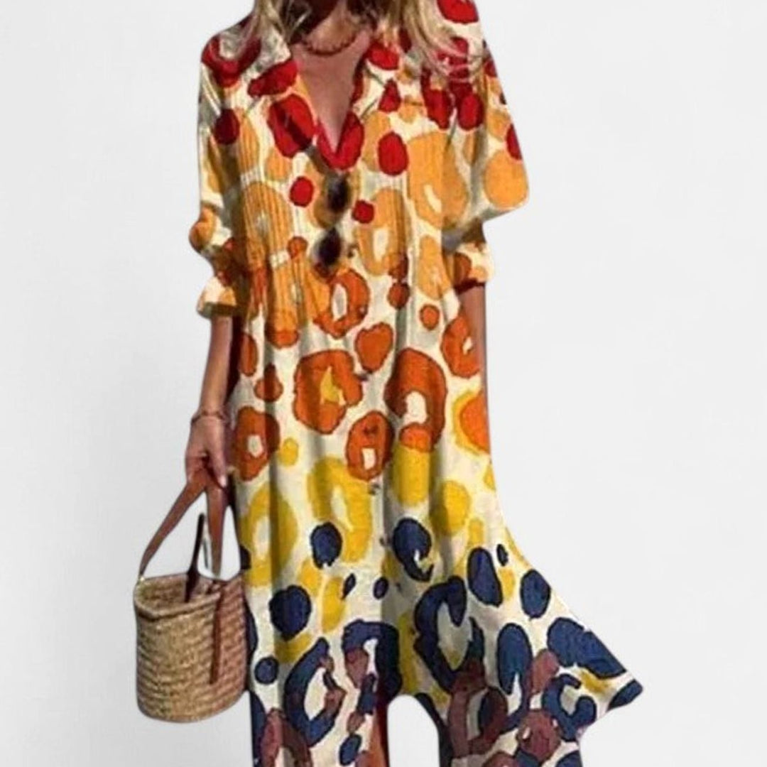 Women's Half-Sleeve Button-Front Boho Leaf-Print Maxi Dress - Yellow