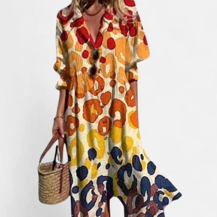 Women's Half-Sleeve Button-Front Boho Leaf-Print Maxi Dress - Yellow