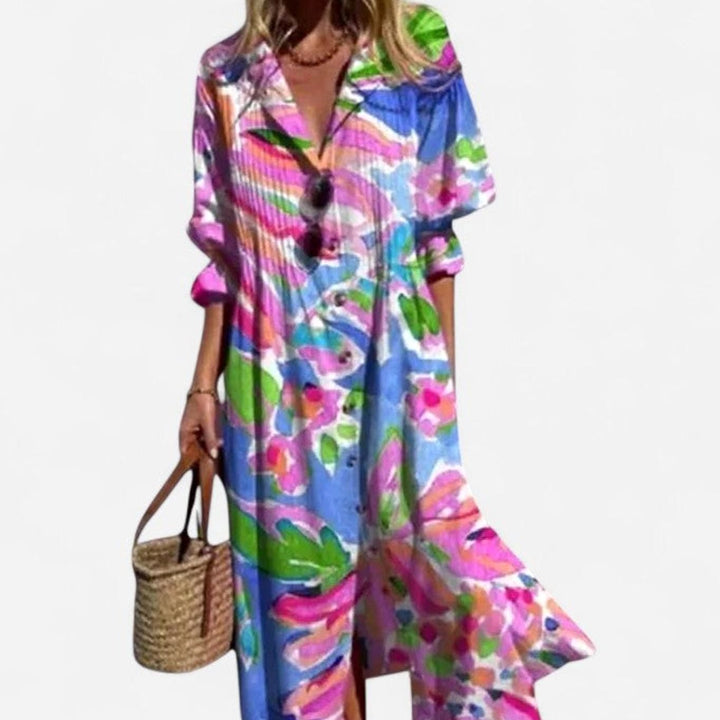 Women's Half-Sleeve Button-Front Boho Leaf-Print Maxi Dress - Red