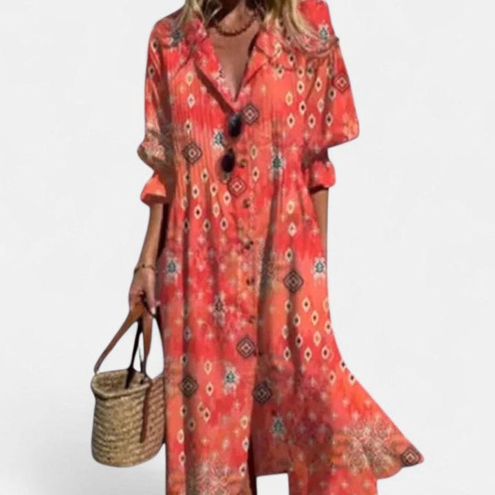 Women's Half-Sleeve Button-Front Boho Leaf-Print Maxi Dress - Rose Red