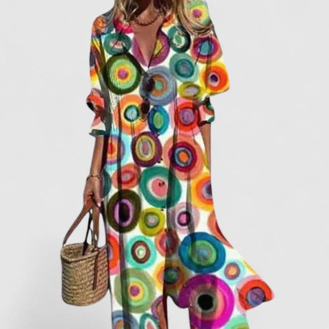 Women's Half-Sleeve Button-Front Boho Leaf-Print Maxi Dress - Multicolor 2