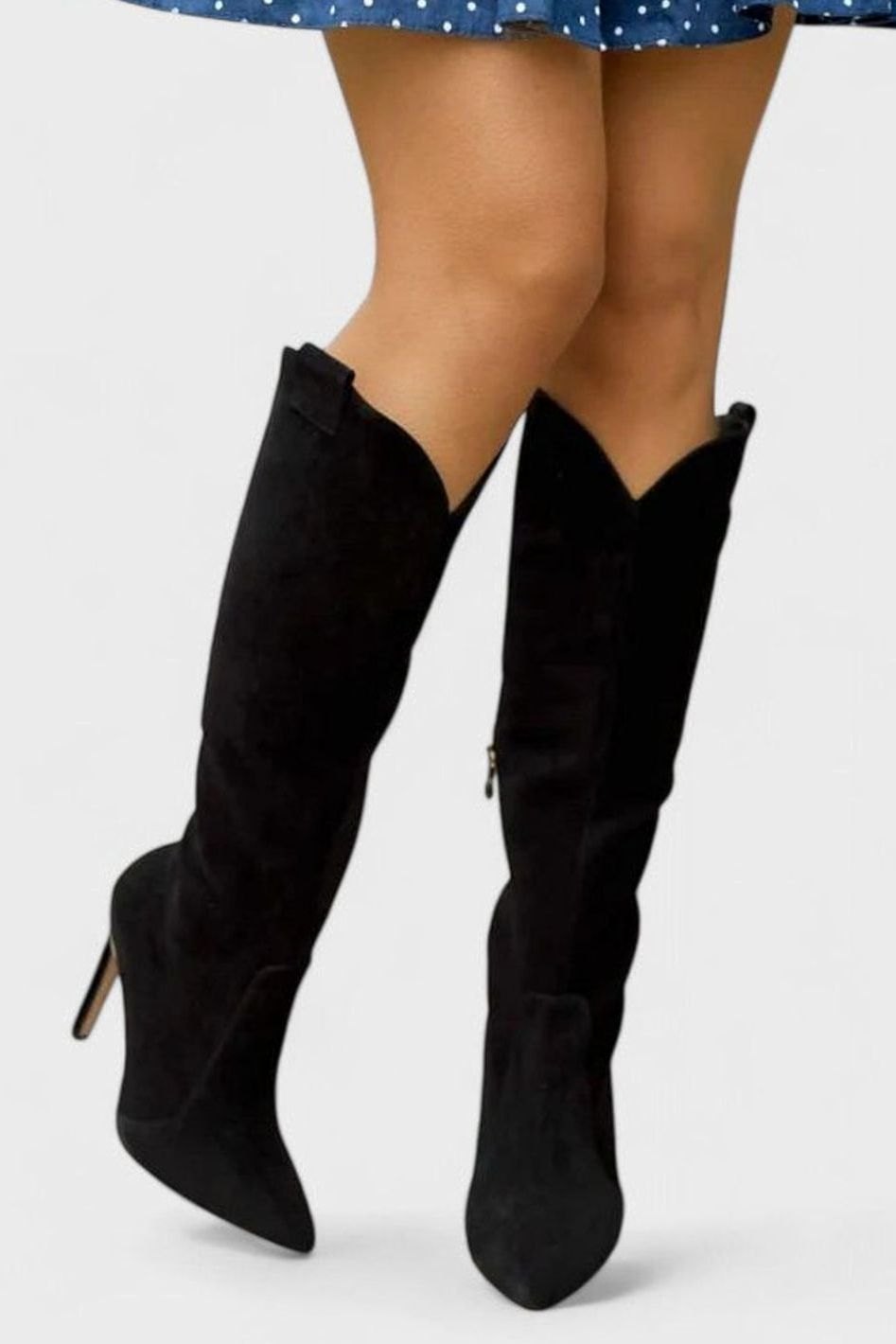 Women's Knee-High Pointed-Toe Boots Stiletto Heel Side-Zip Cushioned Insole - Black Suede
