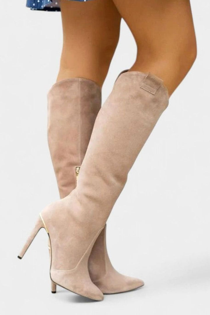 Women's Knee-High Pointed-Toe Boots Stiletto Heel Side-Zip Cushioned Insole - Beige Suede