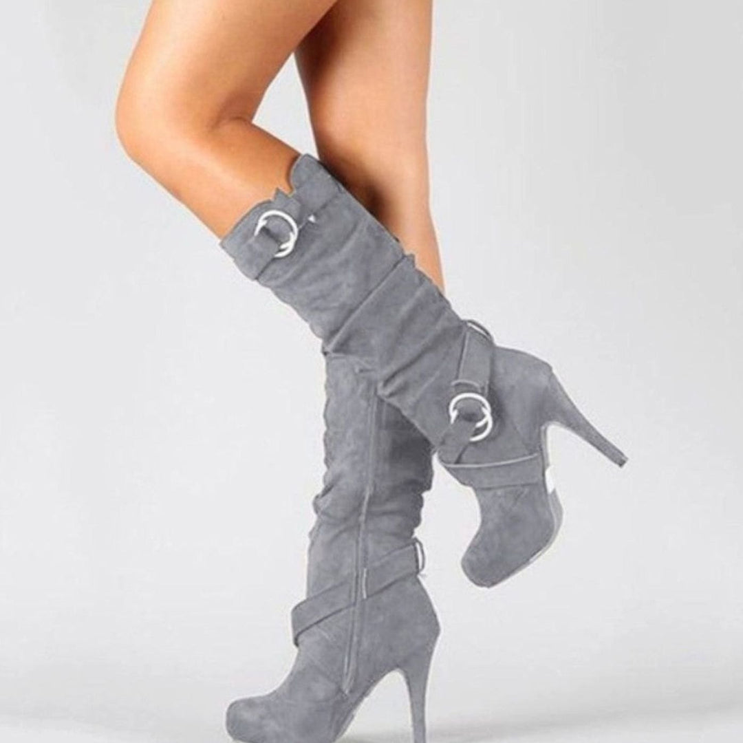 Women's Knee-High Stiletto Heel Boots Buckle-Strap Suede - Grey