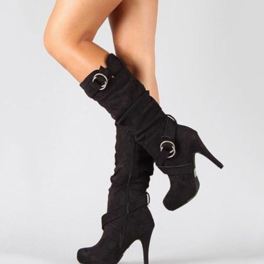 Women's Knee-High Stiletto Heel Boots Buckle-Strap Suede - Black