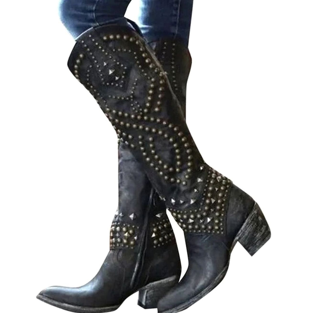 Women's Knee-High Studded Western Cowboy Boots Block Heel - Black