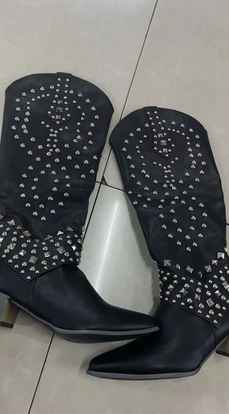 Women's Knee-High Studded Western Cowboy Boots Block Heel