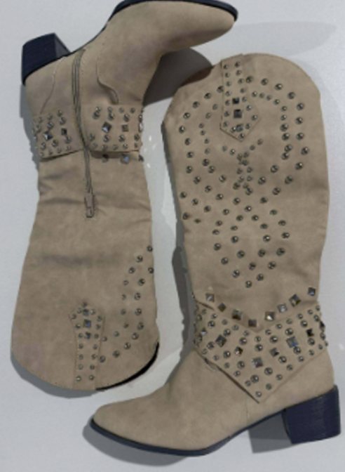Women's Knee-High Studded Western Cowboy Boots Block Heel - Beige