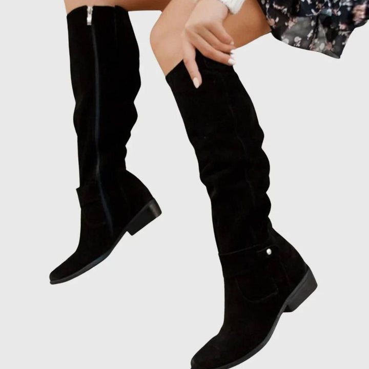 Women's Knee-High Suede Zipper Boots Block Heel - Black