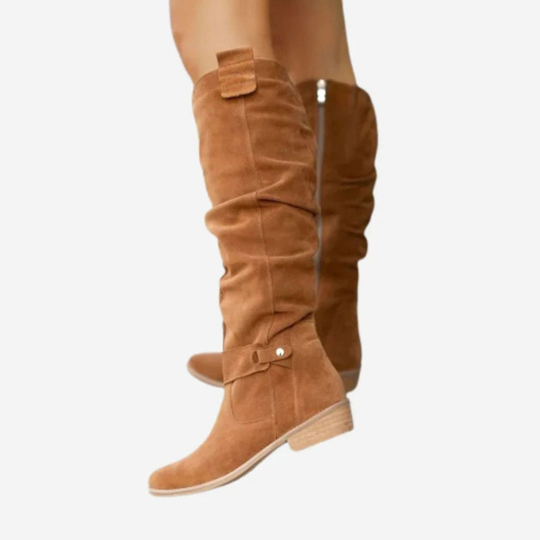 Women's Knee-High Suede Zipper Boots Block Heel - Brown