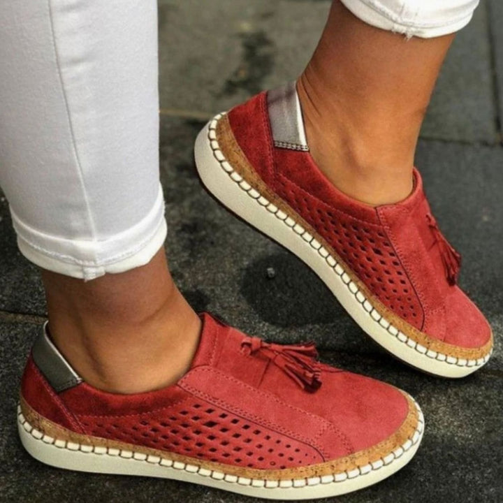 Women's Knit Slip-On Shoes Breathable Tassel Arch-Support Sneakers - Red