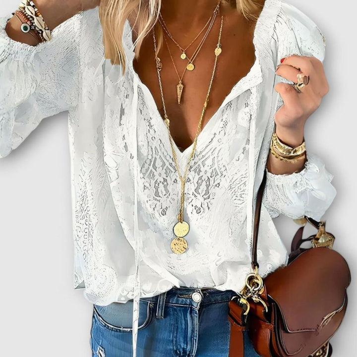 Women's Lace Tie-Neck Blouse Billowy Long-Sleeve V-Neck Top - White