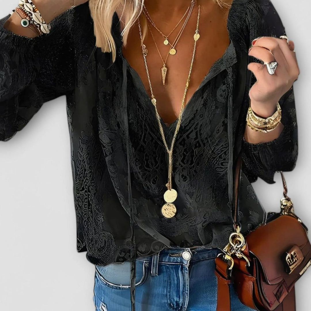 Women's Lace Tie-Neck Blouse Billowy Long-Sleeve V-Neck Top - Black