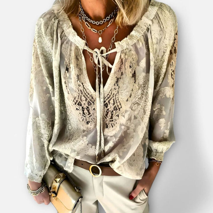 Women's Lace Tie-Neck Blouse Billowy Long-Sleeve V-Neck Top