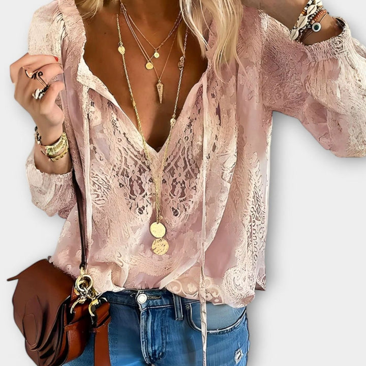 Women's Lace Tie-Neck Blouse Billowy Long-Sleeve V-Neck Top - Pink