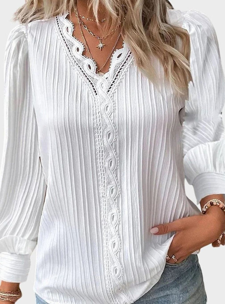 Women's Lace-Trim V-Neck Long Sleeve Pullover Blouse - White