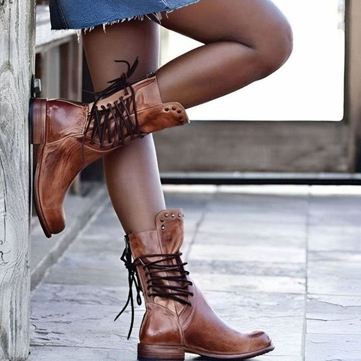 Women's Lace-Up Block-Heel Leather-Look Ankle Boots