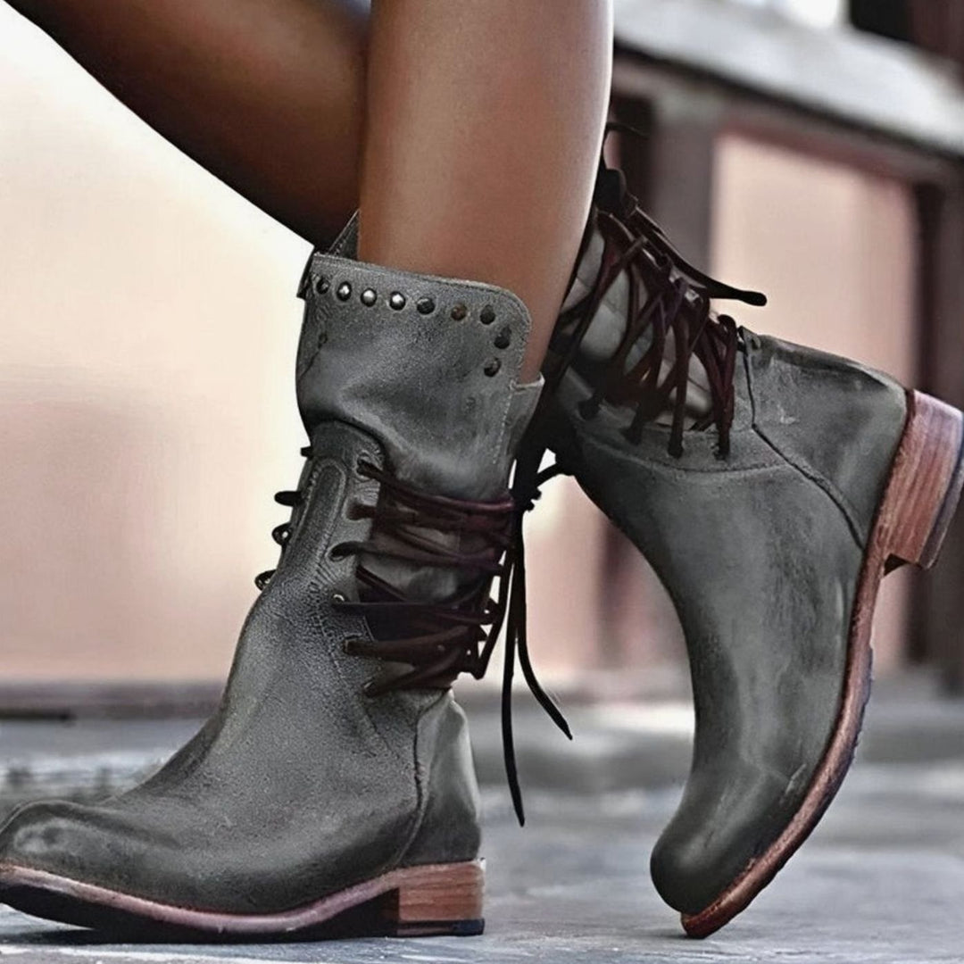 Women's Lace-Up Block-Heel Leather-Look Ankle Boots - Grey