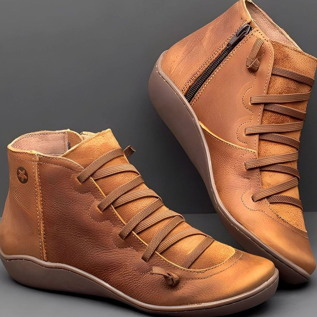 Women's Lace-Up Side-Zip Leather Ankle Boots - Brown