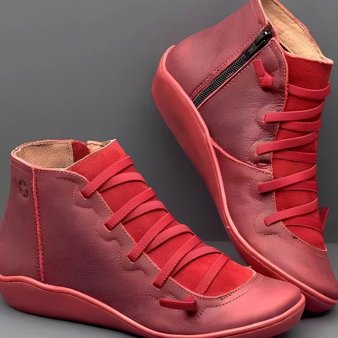 Women's Lace-Up Side-Zip Leather Ankle Boots - Red