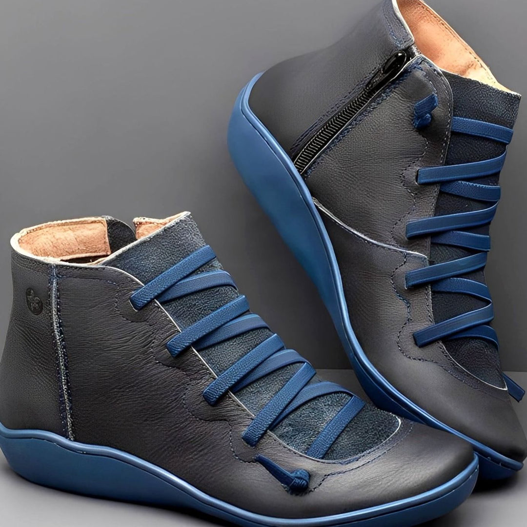 Women's Lace-Up Side-Zip Leather Ankle Boots - Blue