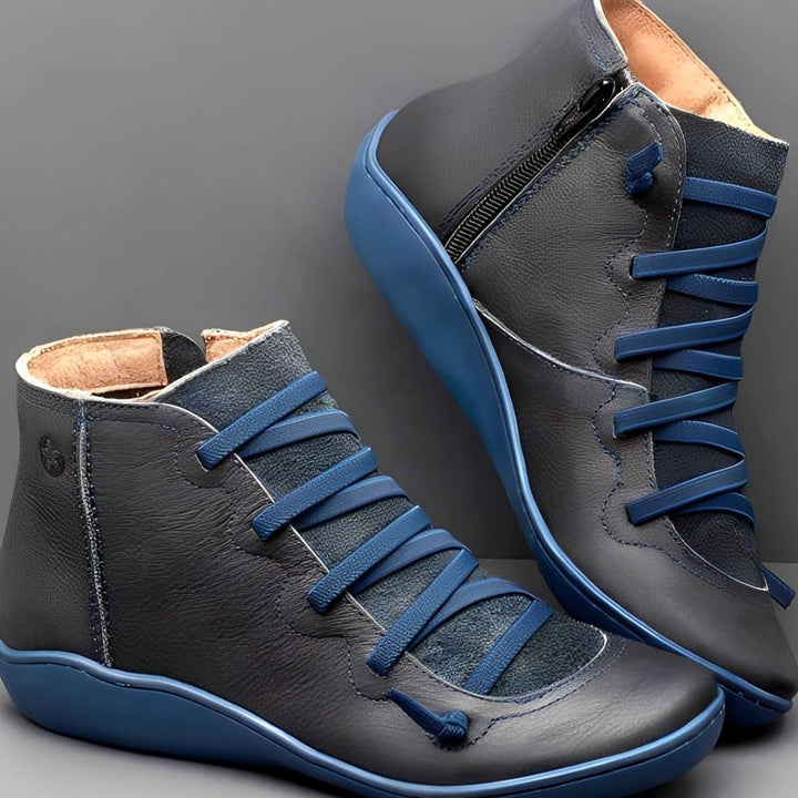 Women's Lace-Up Side-Zip Leather Ankle Boots - Blue