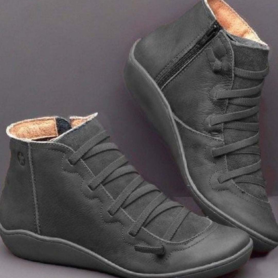 Women's Lace-Up Side-Zip Leather Ankle Boots - Black