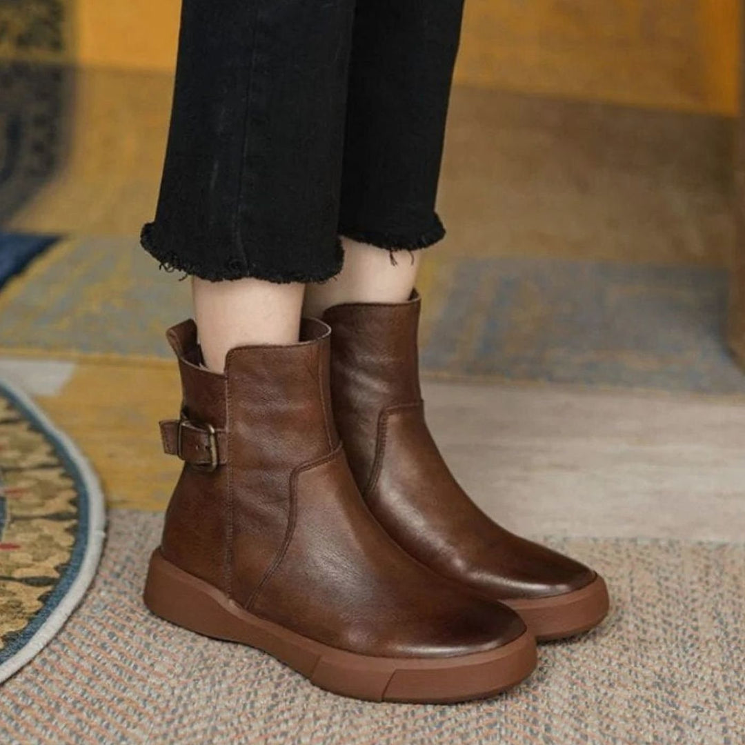 Women's Leather Buckle-Accent Flatform Ankle Boots - Brown